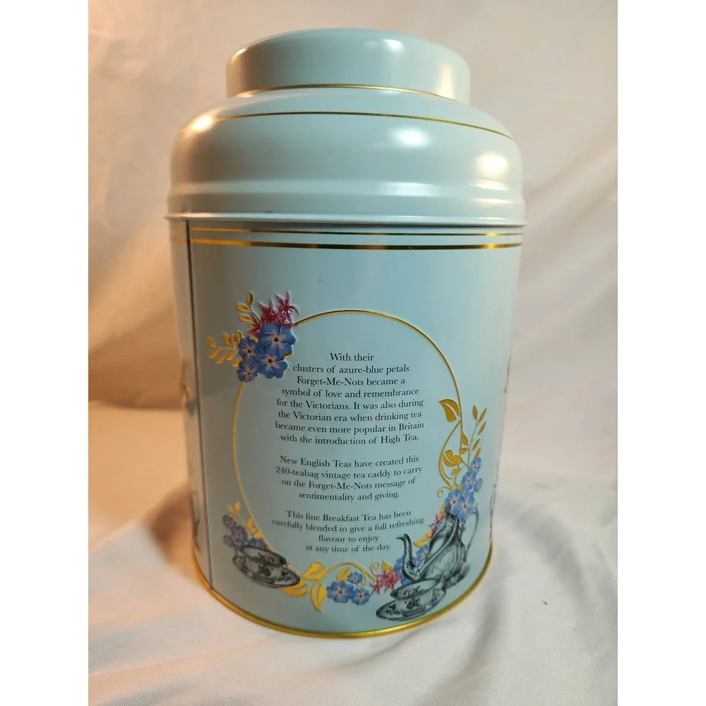 New English Teas‎ Vintage Tea Caddy Tin Forget Me Not Blue Large Empty